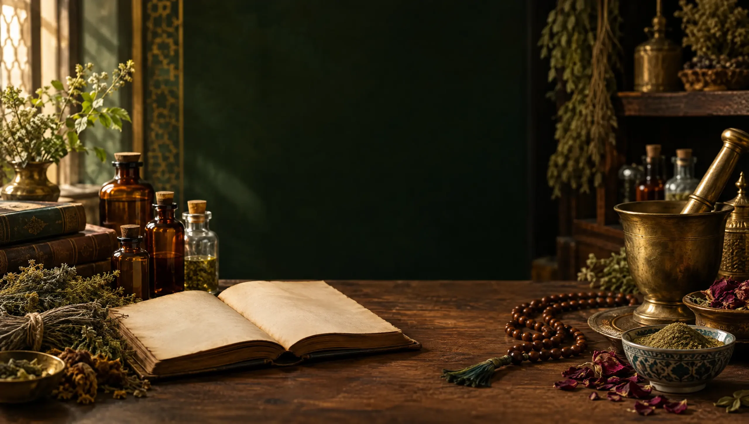 Traditional hakeem desk with herbs, apothecary bottles and a brass mortar