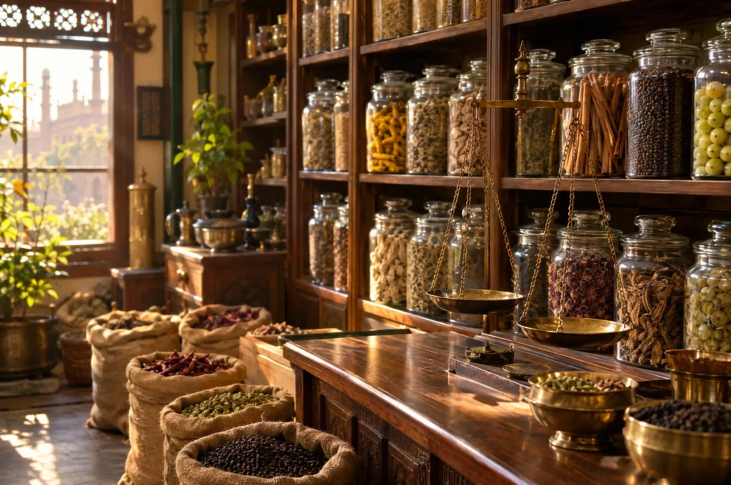 Traditional pansar herbal store with jars of herbs and a brass scale